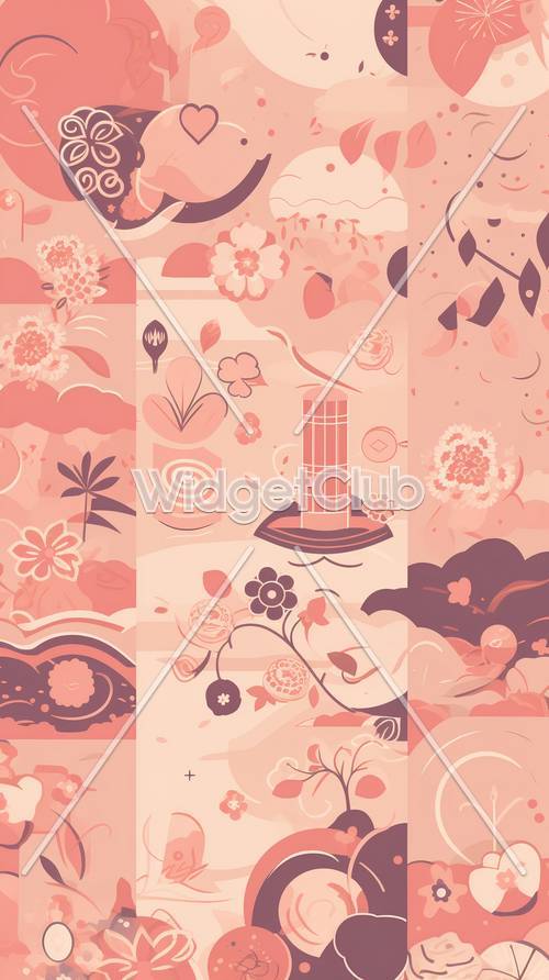 ピンクの花柄で日本風の壁紙