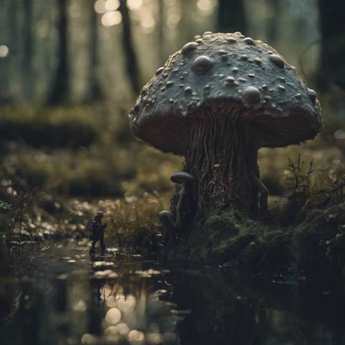 A grotesque, monstrous mushroom creature coming out from underground in an eerie, moonlit swamp. Tapet [e882531ba44b4e1f8b84]