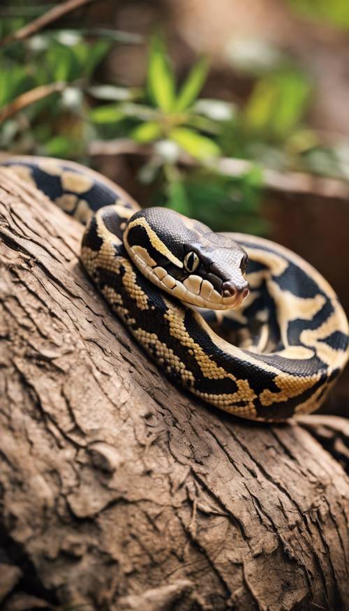 A striking image of a juvenile ball python exploring a log, its curious eyes wide and alert.