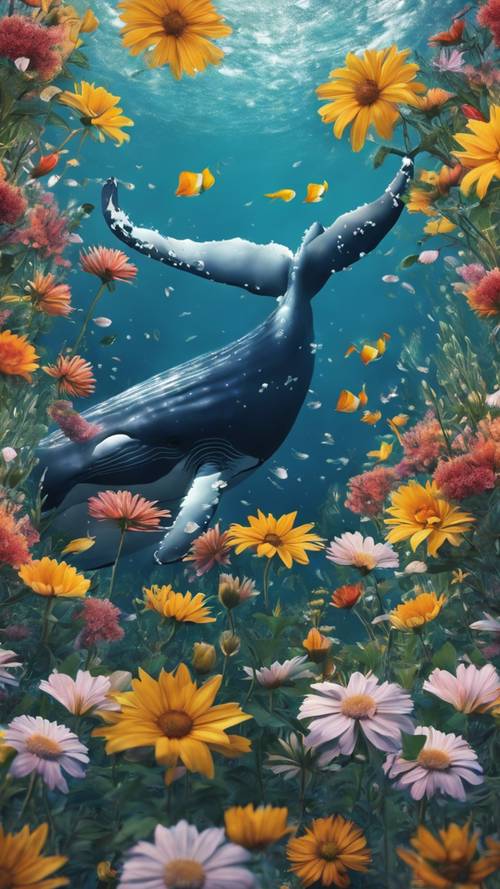 Çiçek denizinde yüzen bir balinanın yer aldığı ayrıntılı bir botanik illüstrasyon.