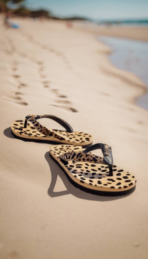 Sandal jepit bermotif cheetah lucu tergeletak di pantai berpasir yang semarak. Wallpaper [2a5b7e3a54904a4ea0eb]