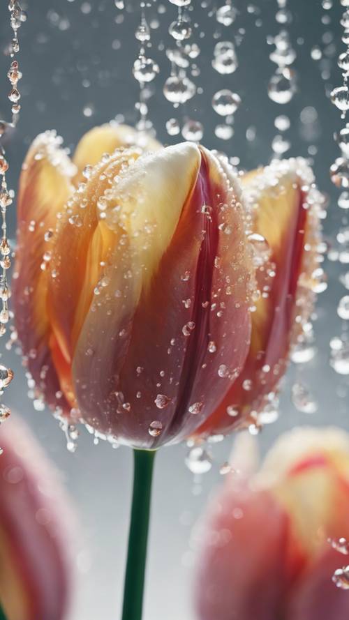 Um close das delicadas pétalas de uma tulipa cobertas de gotas de água.