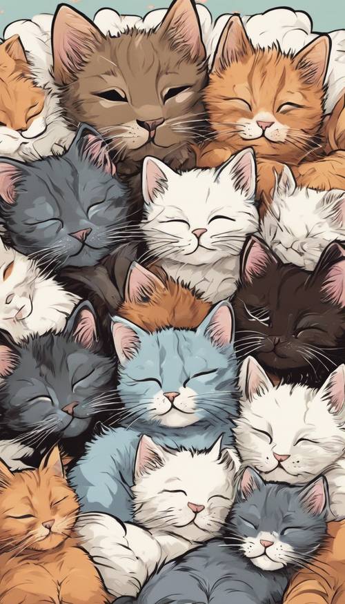 Un groupe affectueux de chatons de dessins animés, blottis les uns contre les autres, ronronnant et dormant paisiblement sur une couverture moelleuse et confortable.