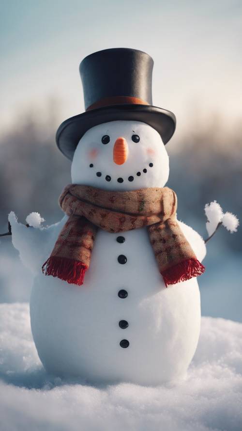 Un allegro pupazzo di neve vestito con un cappello a cilindro e una sciarpa, fa la guardia a una tranquilla scena invernale.