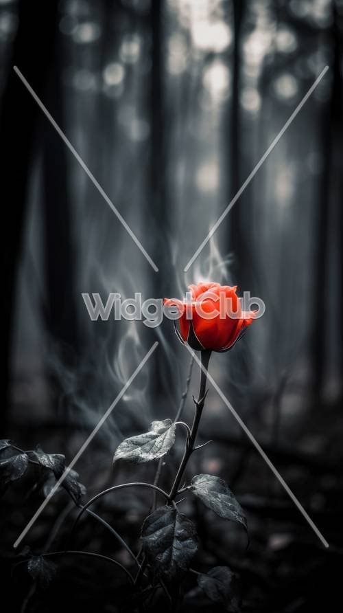 Mysterious Red Rose in a Misty Forest