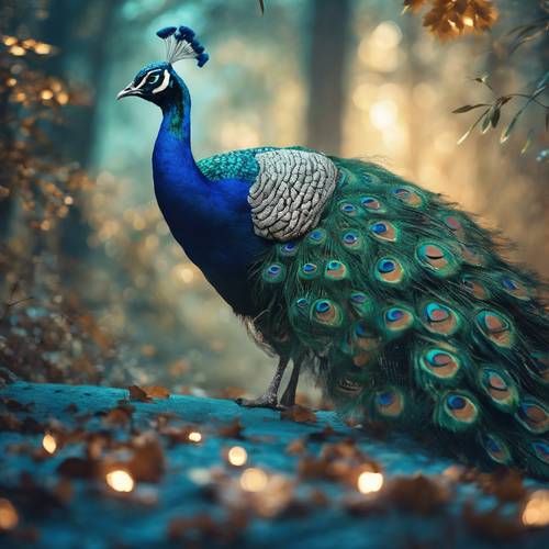 A mystical peacock roaming in the magical blue moonlight in a fantasy forest.