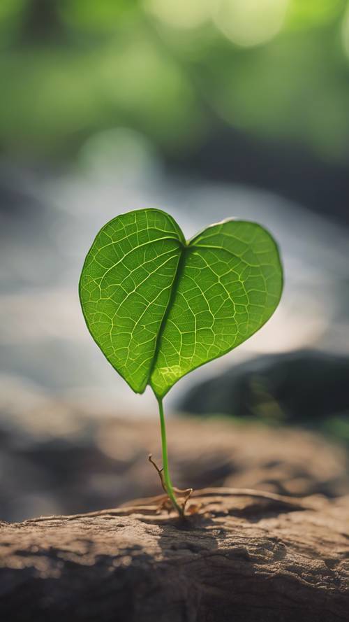 Una foglia realizzata a forma di cuore, di un verde verdeggiante brillante in mano, che riflette un puro amore per la natura.