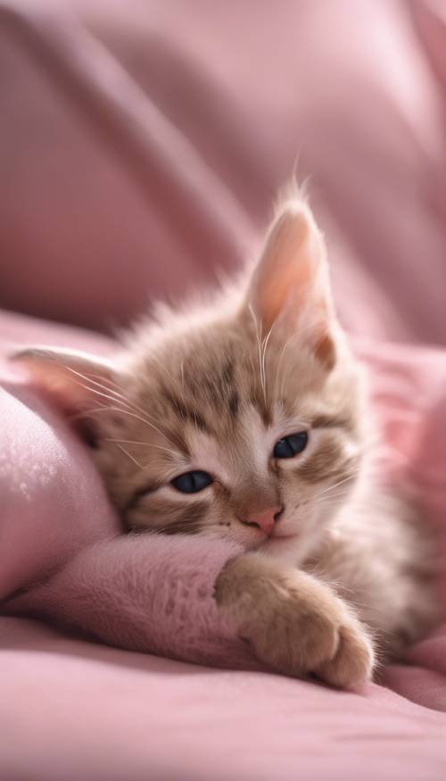 Seekor anak kucing tidur nyenyak di atas bantal beludru merah muda yang lembut.