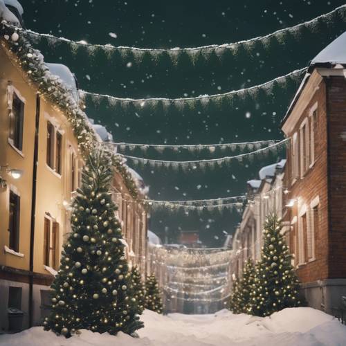 A snowy Christmas scene with green garlands hanging on the rooftops of houses. Tapeta [e4bb67310d5e4e70a626]