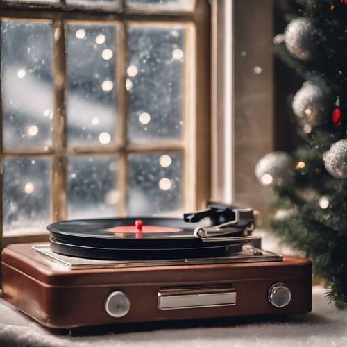 An old Christmas record playing timeless carols on a vintage record player, placed next to a frosted window. Tapeta na zeď [8676f57d120843ff95f5]