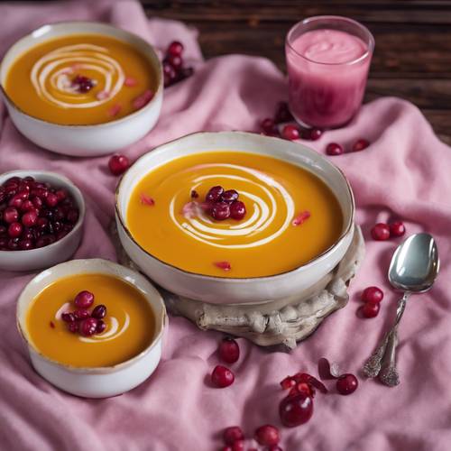 Uma sopa espessa de abóbora servida com um toque de molho de cranberry rosa.