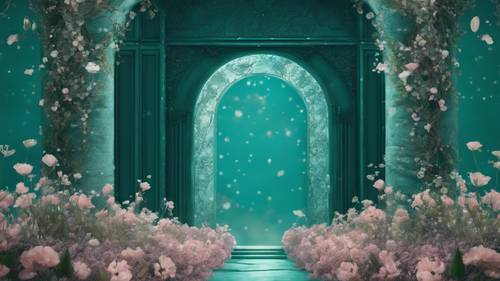 Un portal de portada con temática floral verde azulado de una novela de fantasía.