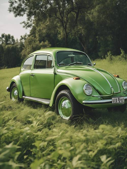 Ein hellgrüner Oldtimer-VW-Käfer, der neben einem üppigen grünen Feld geparkt ist.