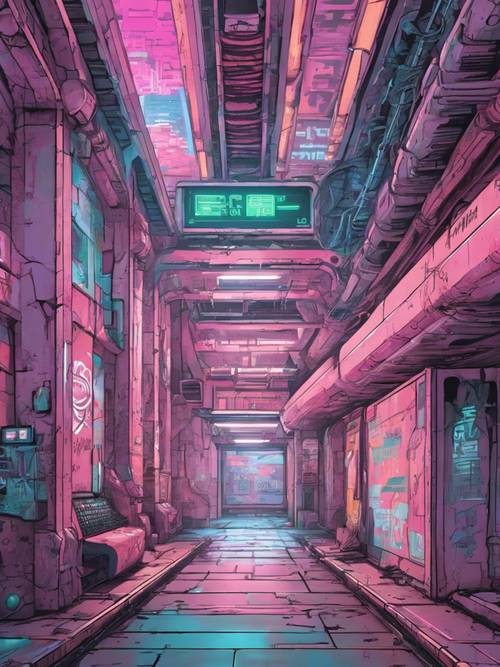 Stazione della metropolitana di una città cyberpunk color pastello con muri di graffiti.