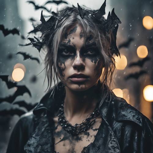 A rebellious fairy with streaked hair and grungy nocturnal makeup, leading a procession of ghostly bats through the damp concrete jungle. Tapeta [d8d6397127a04a0f8245]