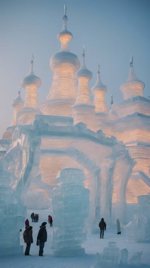 ハルビン氷祭りの複雑な氷の彫刻、極夜の下で世界的な名所が再現される
