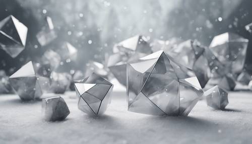 A horde of floating, transparent 3D geometric shapes in different shades of gray over a white snowy landscape. Ფონი [63ff48043f28483da203]