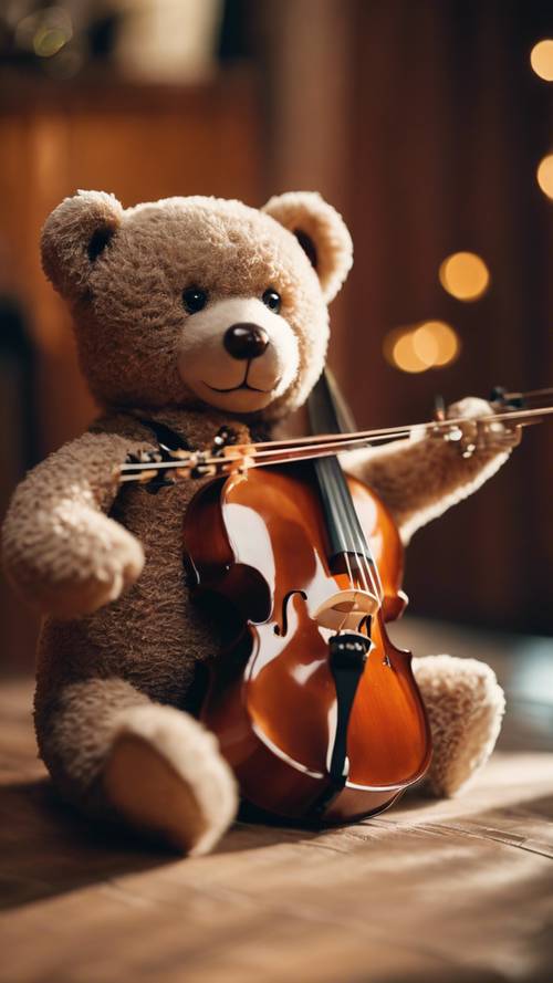 在一个充满玩具乐器的亲密室内音乐环境中，一只泰迪熊正在拉大提琴。