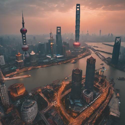 Matahari terbenam yang tenang menyinari cakrawala Shanghai yang modern dan kuno