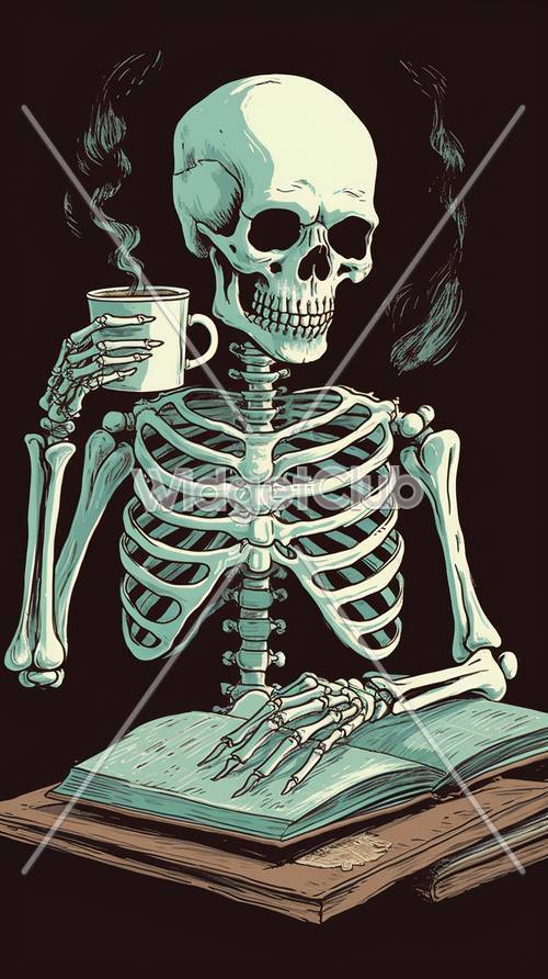 Esqueleto bebendo café em um ambiente escuro