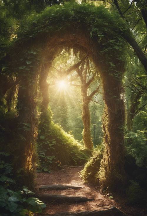 Скрытая ниша в причудливом лесу, залитая мягкими лучами солнечного света.