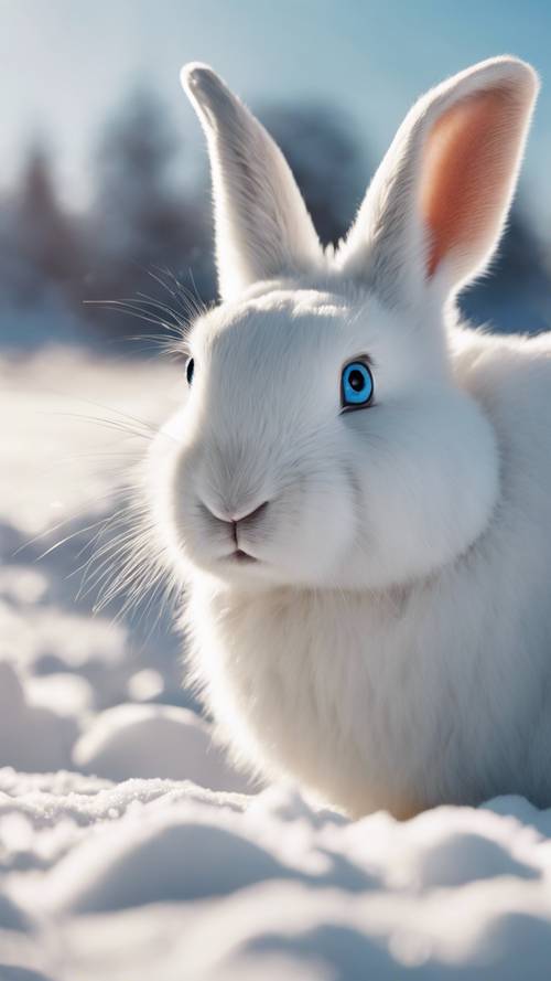 Pulchny, puszysty biały królik o błyszczących niebieskich oczach, skubający ulubioną marchewkę na nieskazitelnie białym polu śniegu w jasnym porannym słońcu.
