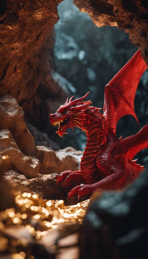 A majestic red dragon protecting its gold-filled lair in a deep mountain cave. Tapetai [f492f9272ace470bbe4d]