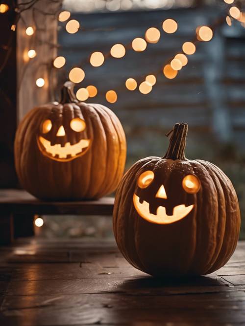 A pair of pumpkins carved with scrolling designs, glowing warmly on an old, rustic porch with twinkling fairy lights