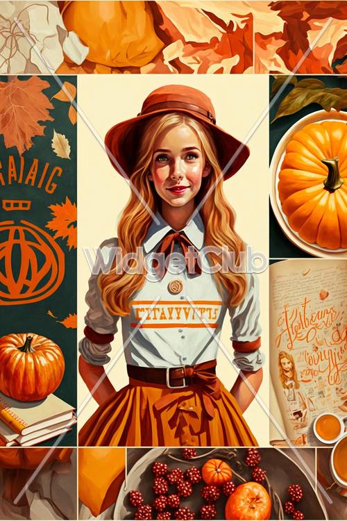 Autumn Girl with Pumpkins and Leaves