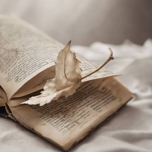 Ein einzelnes weißes Blatt, gekräuselt und getrocknet, liegt auf einem alten Buchumschlag.