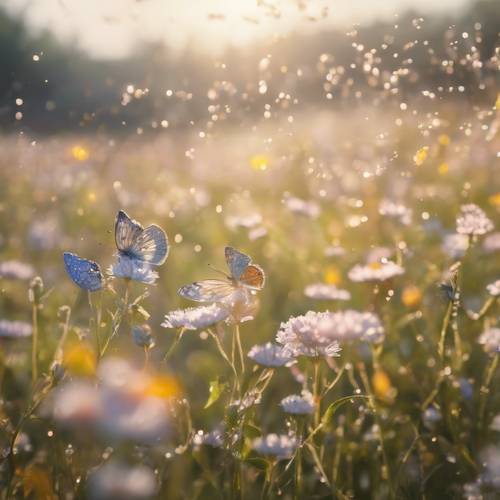 Uma manhã radiante em um campo de flores silvestres repleto de borboletas voando entre as flores beijadas pelo orvalho.