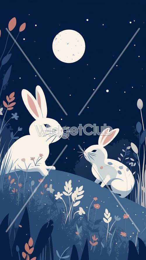 Moonlit Night with Two Cute Rabbits