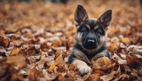 Seekor anak anjing gembala Jerman dengan bangga memegang daun yang diambilnya dari tumpukan besar daun musim gugur.