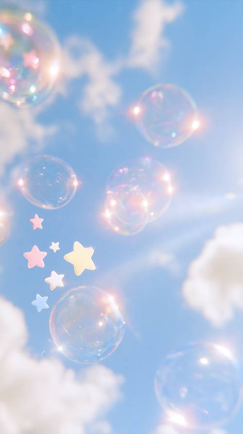 Lindas estrellas y burbujas de colores pastel flotando en el cielo azul. Fondo de pantalla [418a722bb849437ab770]