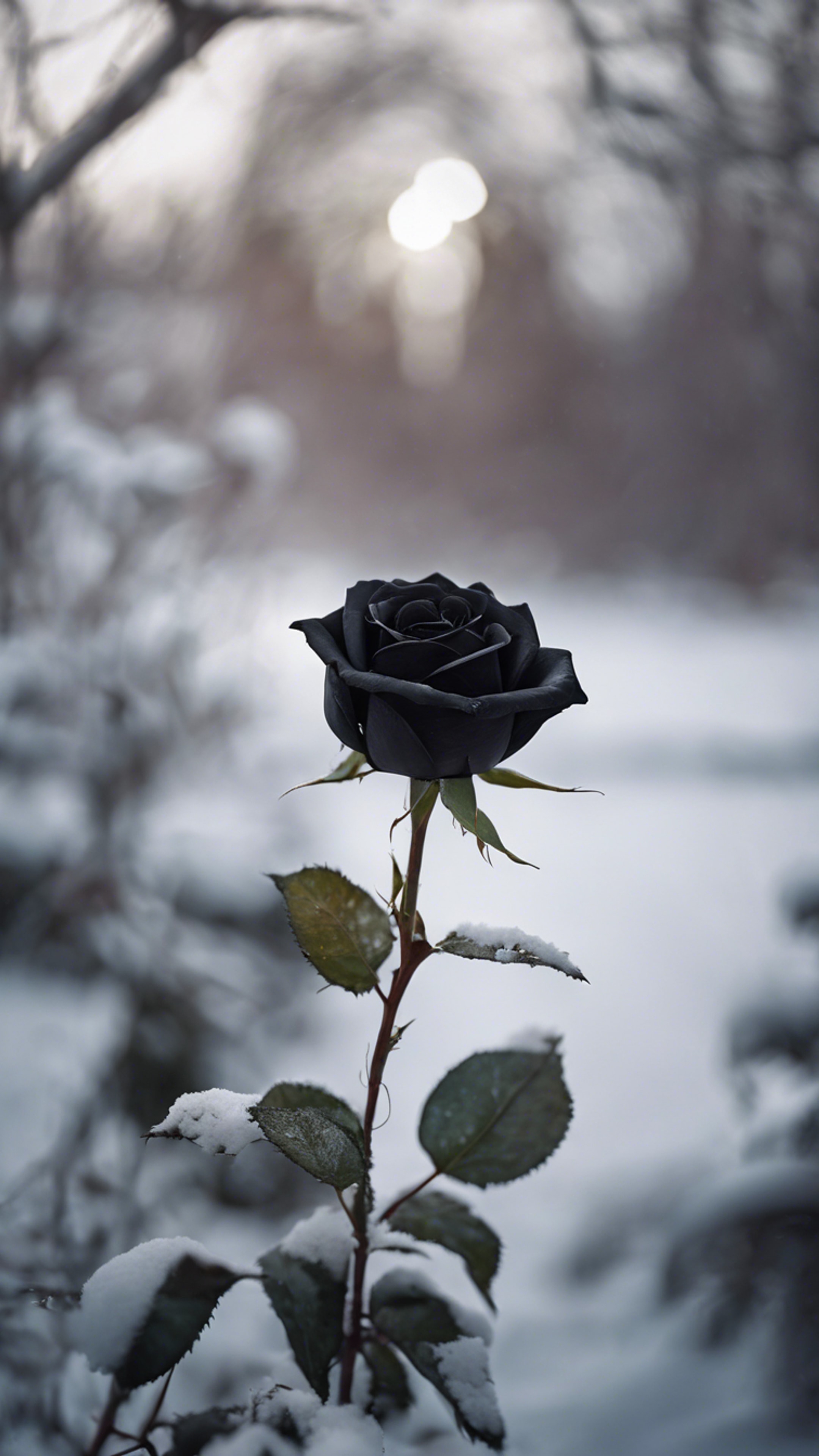 A single, dramatic black rose blooming against the stark backdrop of a snow-covered garden.壁紙[12d80e94a68945fa833e]