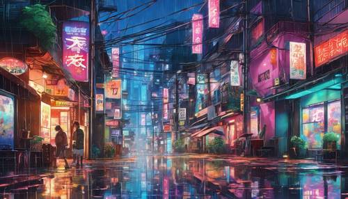 A rainy anime city with wet streets reflecting colorful neon lights from the buildings.