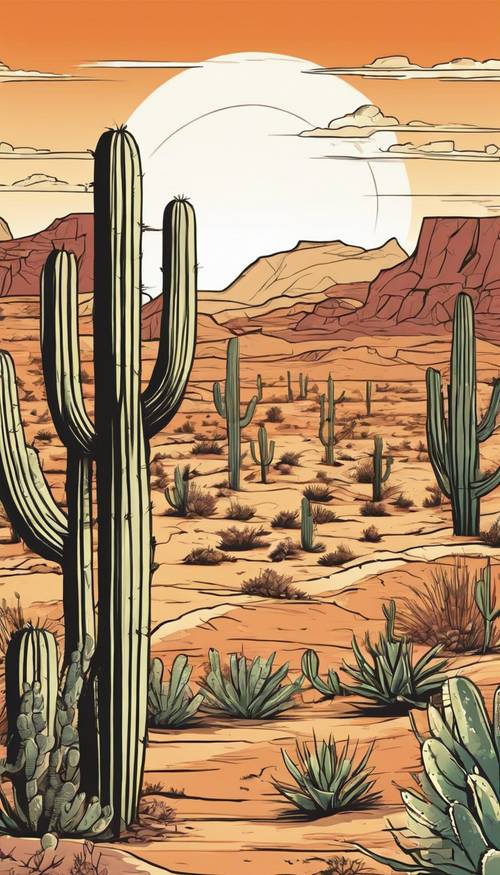 Pemandangan gurun luas yang dipenuhi kaktus di bawah terik matahari dalam gaya kartun.