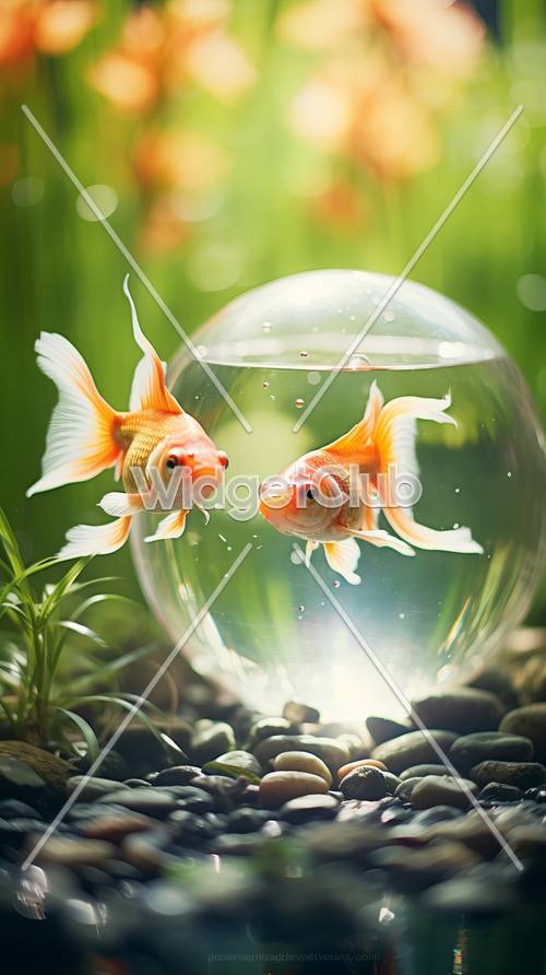 金魚２匹がガラスのボウルで泳ぐ壁紙
