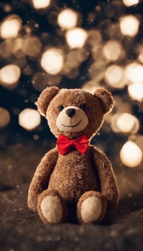 Gambar boneka beruang coklat mengenakan dasi kupu-kupu merah dan duduk sendirian di bawah langit malam berbintang.