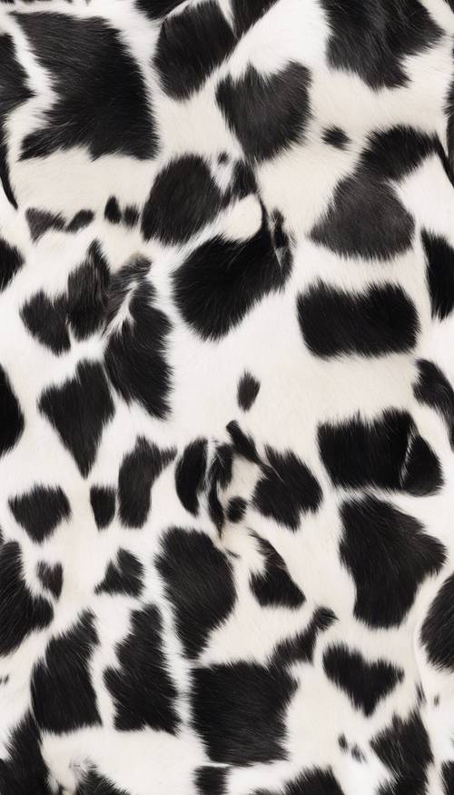 A photographic representation of a seamless pattern made from patches of black cowhide on white.