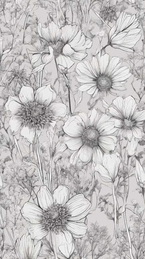 繊細で細かい線画スタイルで描かれた春の野花の詳細なパターン