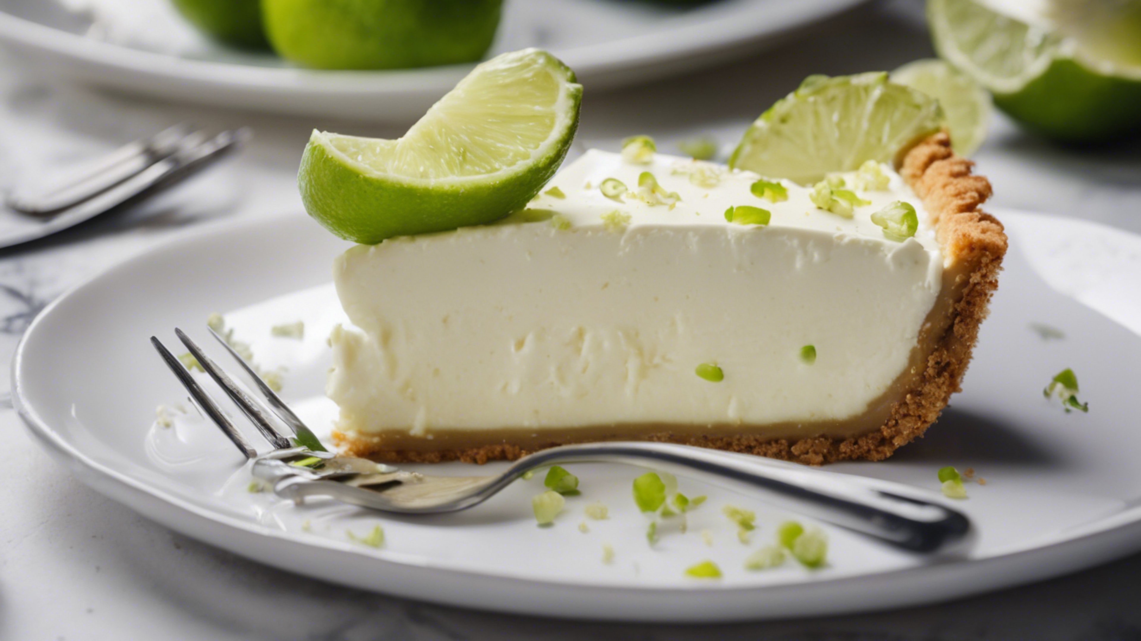 Delicious key lime pie served on a white ceramic plate with a silver fork. کاغذ دیواری[dc9d1e1923f243919b66]
