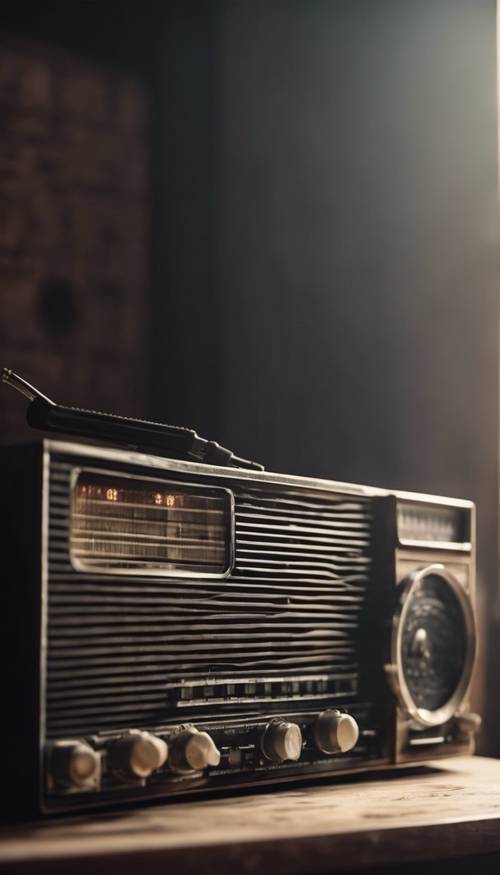 Radio bergaya retro hitam menyiarkan musik jadul di ruangan kosong.