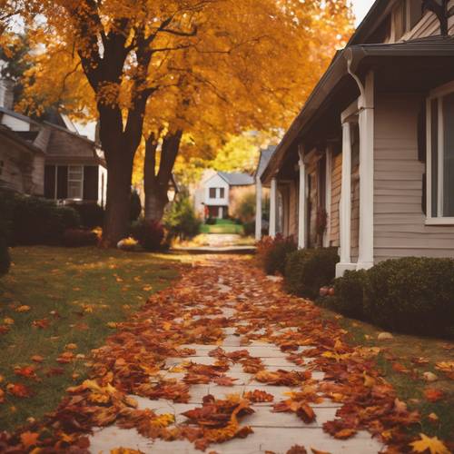 Frische und farbenfrohe Herbstblätter bilden einen Weg zu einem warm beleuchteten Zuhause, bereit für Thanksgiving.