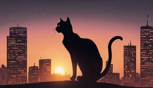 Alacakaranlıkta şehir manzarasında kara kedi, kayısı gün batımına karşı silueti.