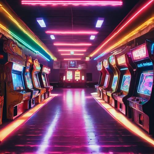 An arcade in the 80s with neon rainbow lights