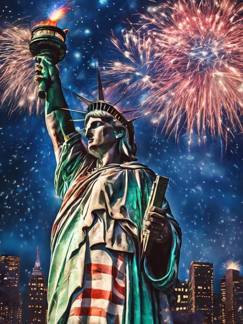 Vibrant painting of the Statue of Liberty celebrating the 4th of July fireworks.