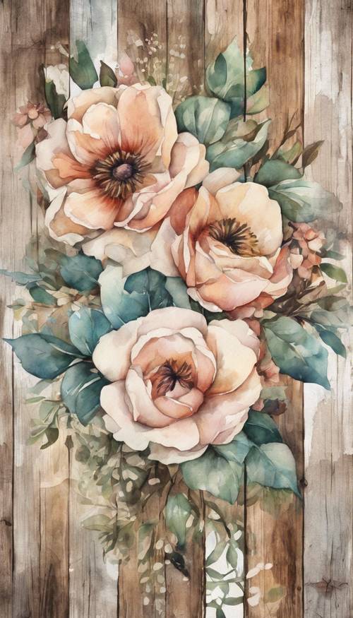 Akwarela przedstawiająca fototapetę z motywem kwiatowym w stylu vintage na rustykalnych drewnianych deskach.