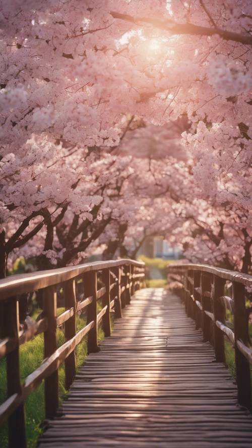 Un vecchio ponte di legno circondato da un boschetto di ciliegi in fiore nel crepuscolo serale.