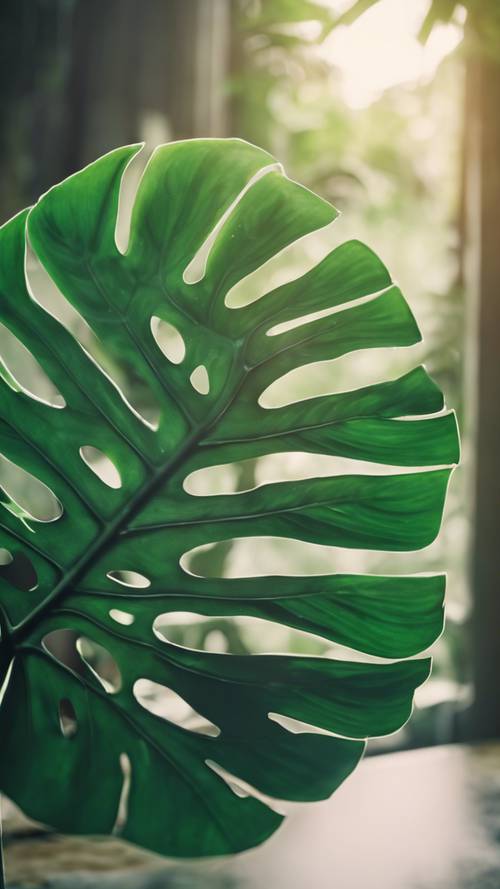 A giant, saturated green leaf of a tropical Monstera plant.